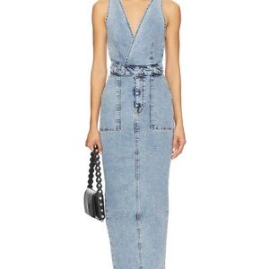Good American Light Blue Denim Maxi Dress with Tie Waist